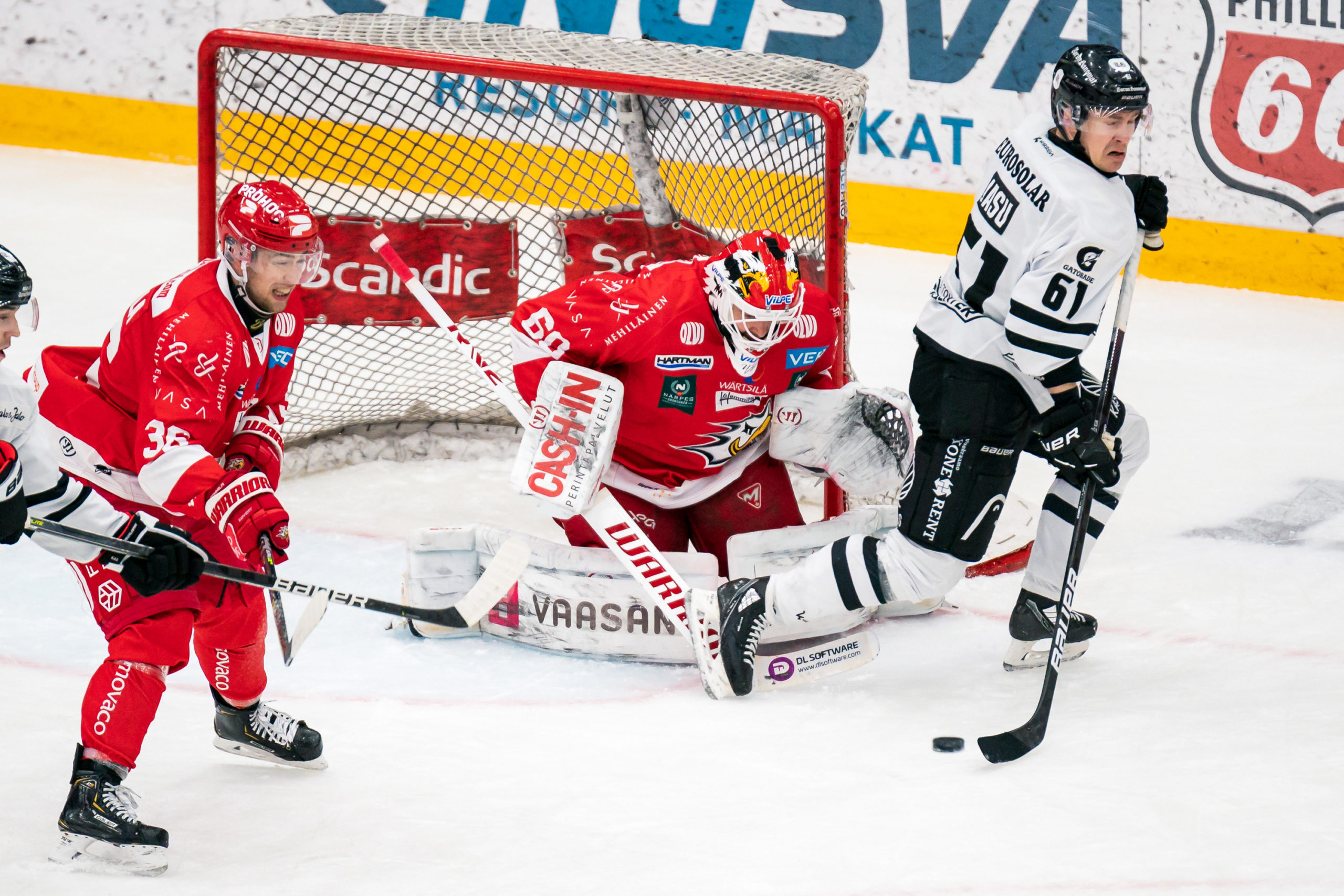 20220129 Vaasa, FINLAND. LIIGA: Vaasan Sport - TPS Turku. 

#36 Juho Tommila, #60 Rasmus Reijola, #61 Juhani Jasu

Photo: Samppa Toivonen / APOLLO PHOTO